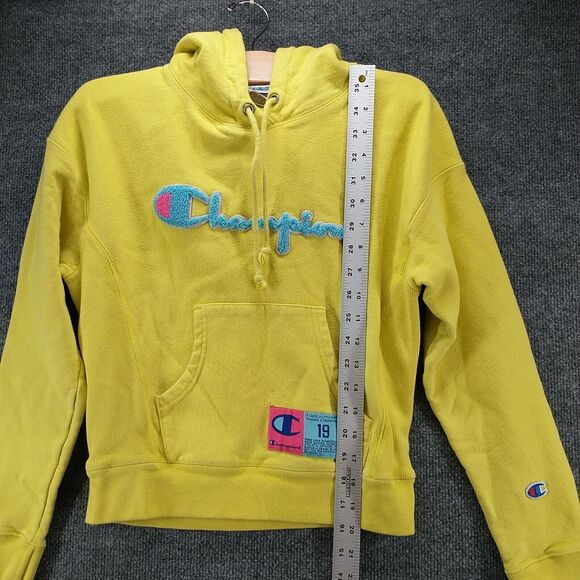 Champion Reverse Weave Mens Hoodie XS Yellow Big Embroidered Logo - Picture 12 of 14